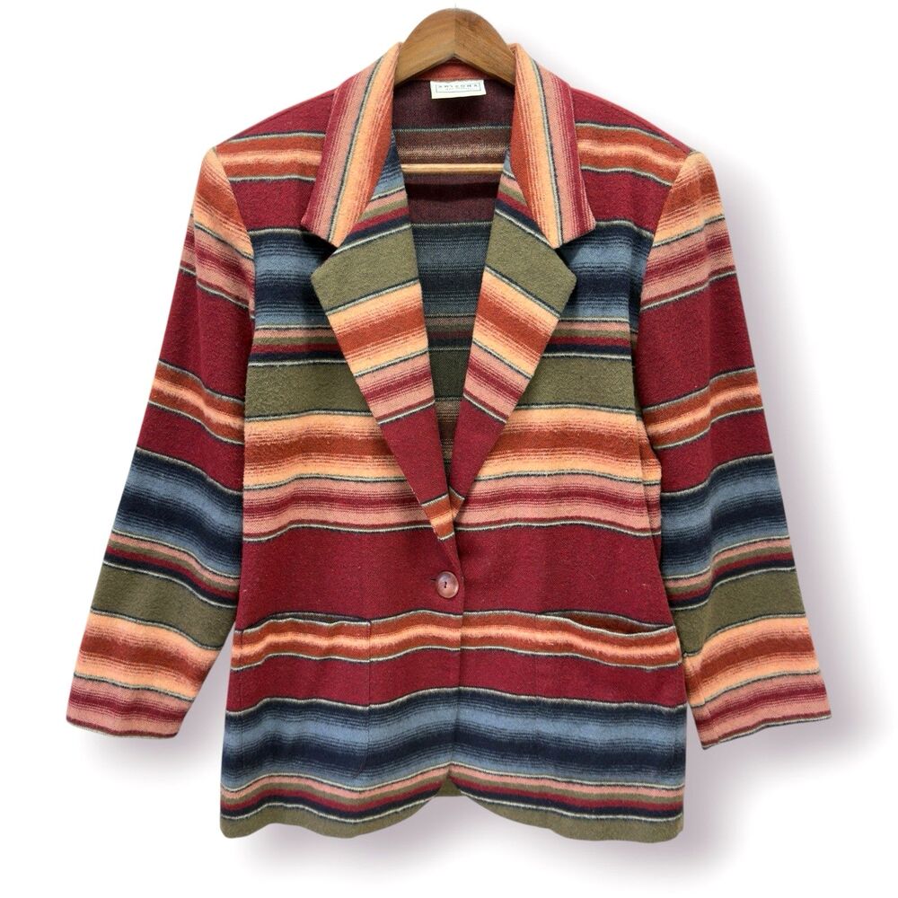 Vintage Aztec Blazer Women Large Striped Southwestern Rodeo Country Wool Blend